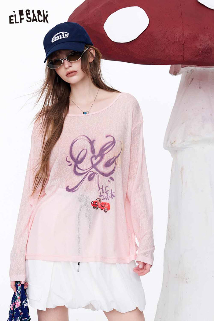 ELFSACK Graffiti Print Sheer Oversized Knit Top