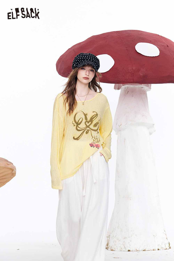 ELFSACK Graffiti Print Sheer Oversized Knit Top