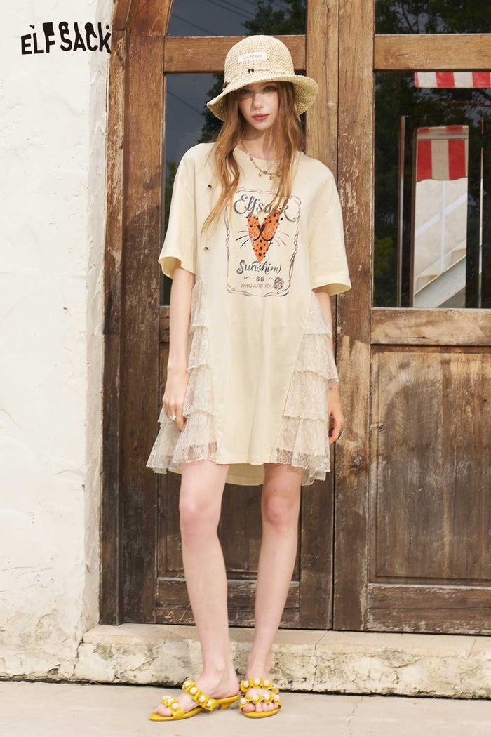 ELFSACK Graphic Print Lace Ruffle T Shirt Mini Dress