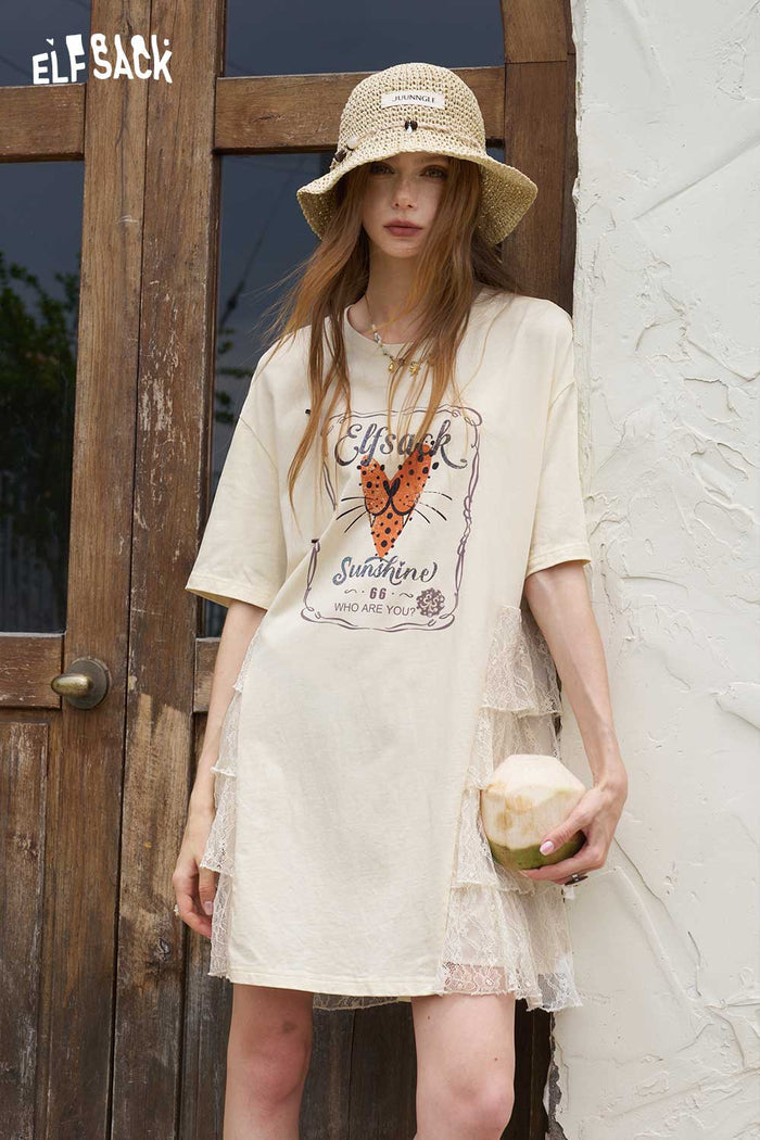 ELFSACK Graphic Print Lace Ruffle T Shirt Mini Dress