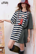 ELFSACK Graphic Striped Patchwork Midi Dress