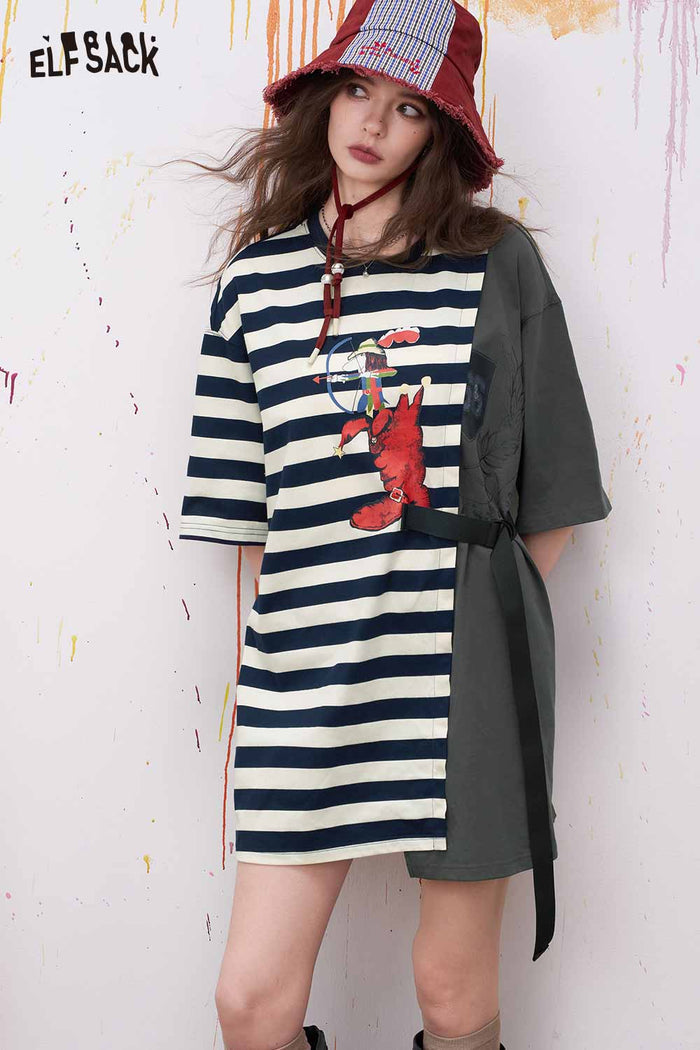 ELFSACK Graphic Striped Patchwork Midi Dress
