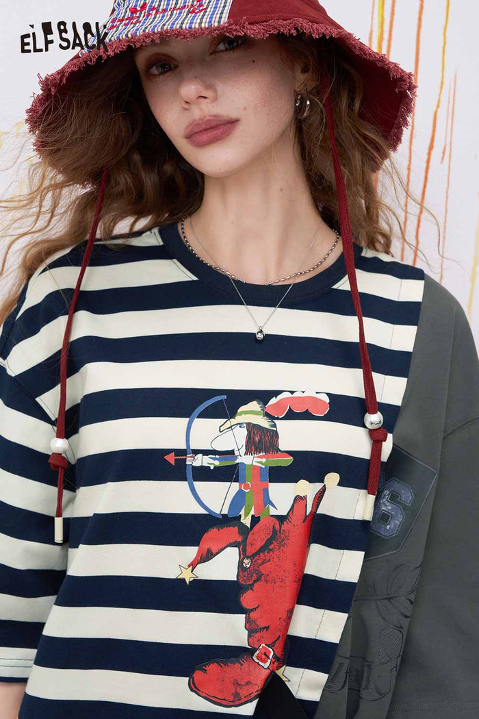 ELFSACK Graphic Striped Patchwork Midi Dress