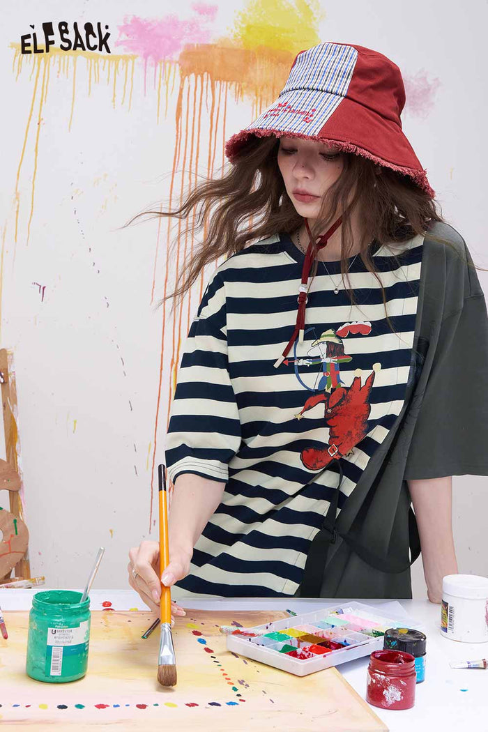 ELFSACK Graphic Striped Patchwork Midi Dress