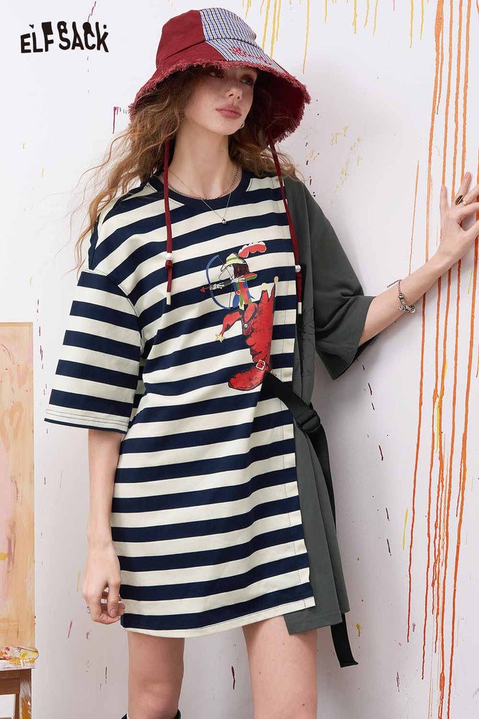 ELFSACK Graphic Striped Patchwork Midi Dress
