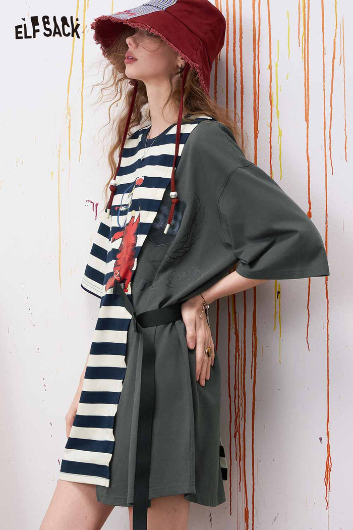 ELFSACK Graphic Striped Patchwork Midi Dress