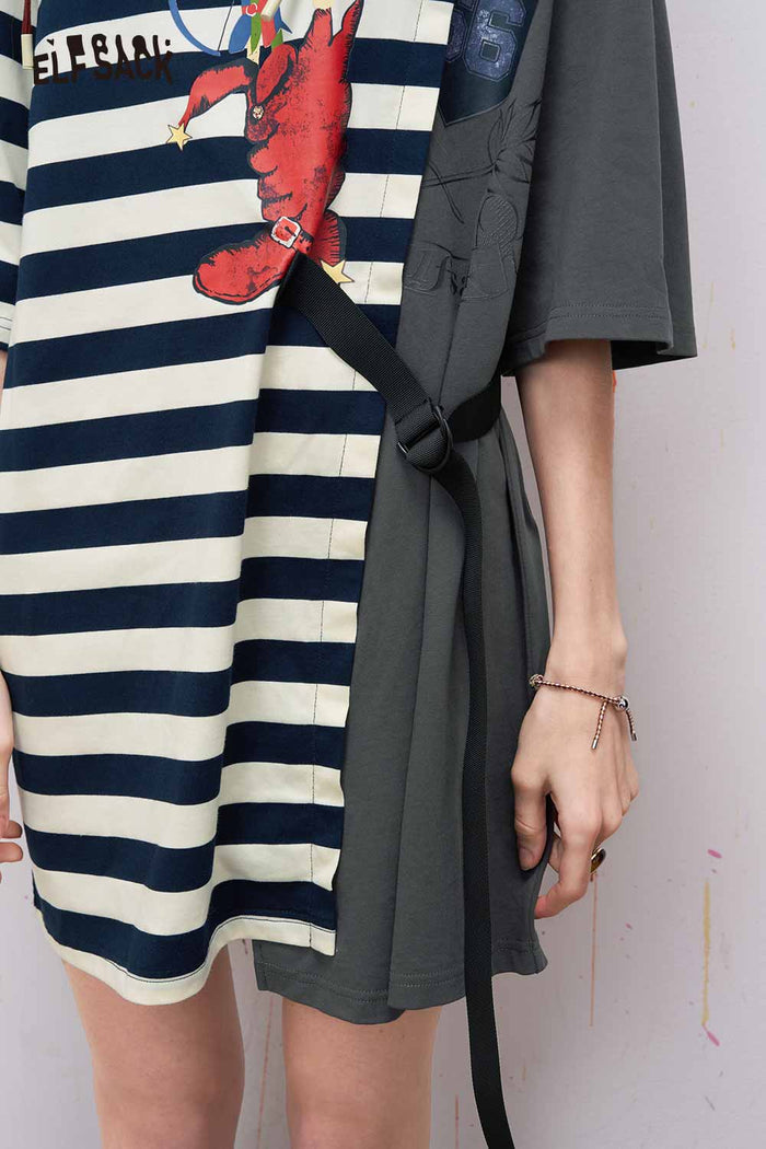 ELFSACK Graphic Striped Patchwork Midi Dress