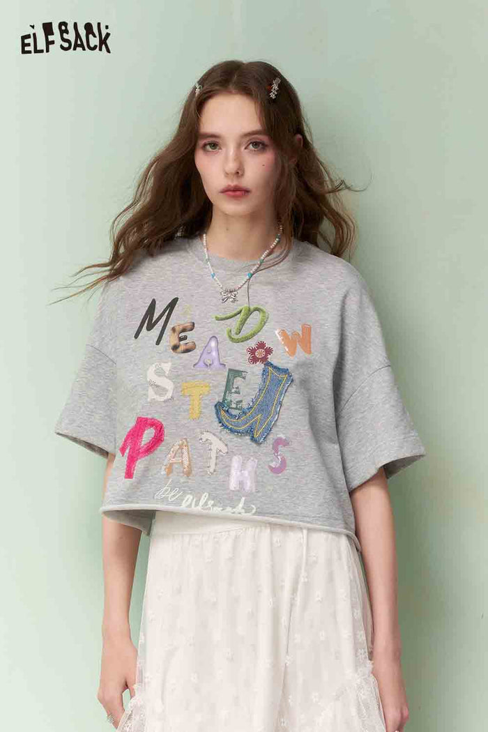 ELFSACK Graphic Tshirt with Embroidery & Denim Patch