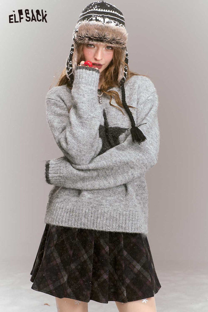 ELFSACK Gray Star Pattern Knit Sweater