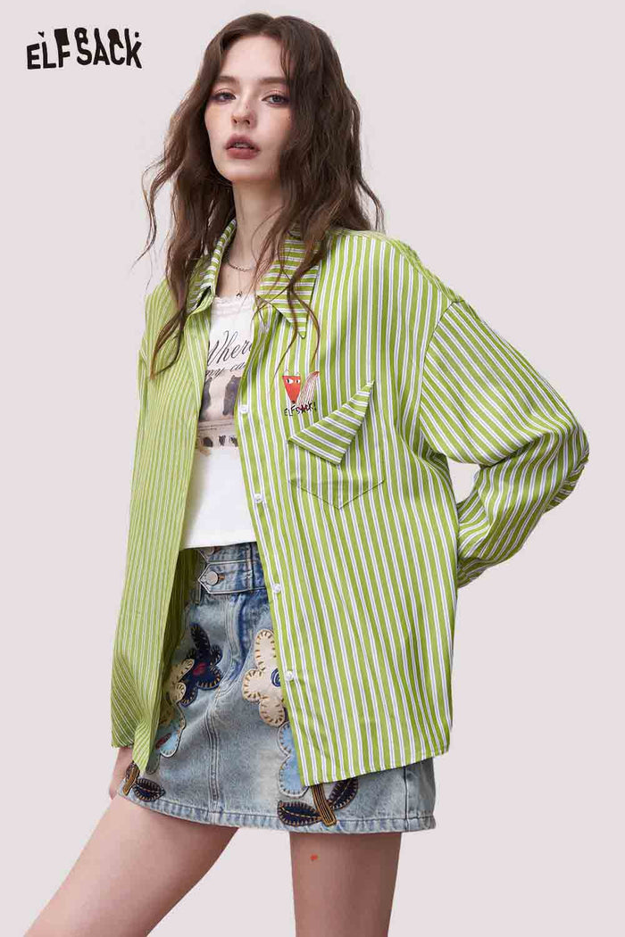 ELFSACK Green Striped Shirt with Fox Cartoon Embroidery
