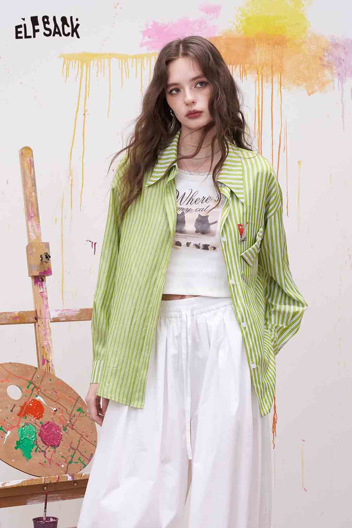 ELFSACK Green Striped Shirt with Fox Cartoon Embroidery