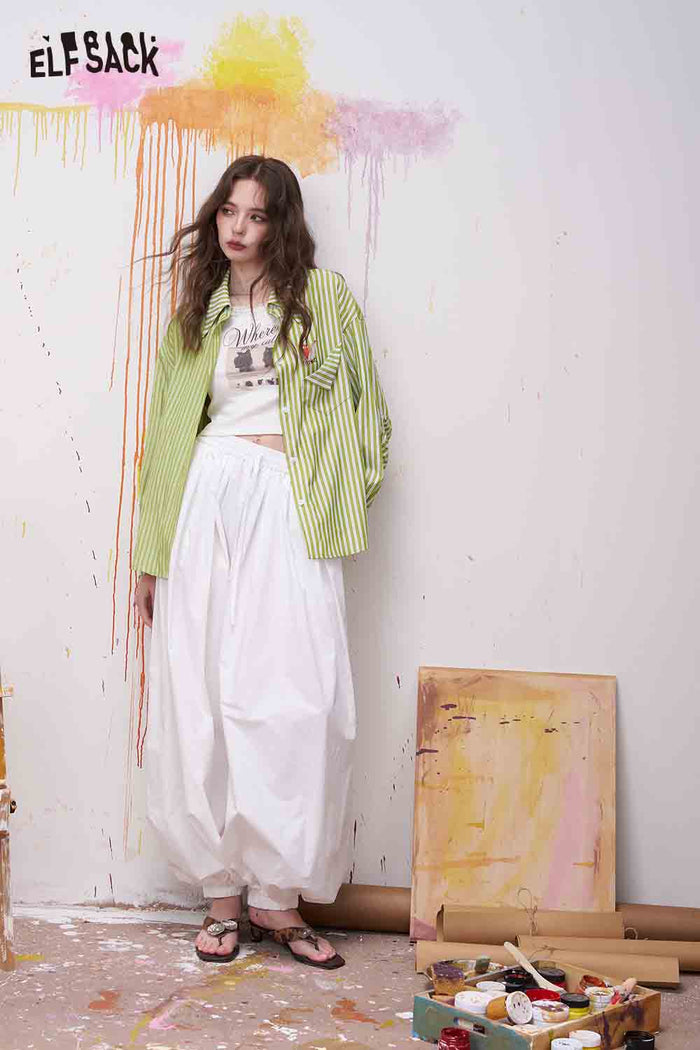 ELFSACK Green Striped Shirt with Fox Cartoon Embroidery