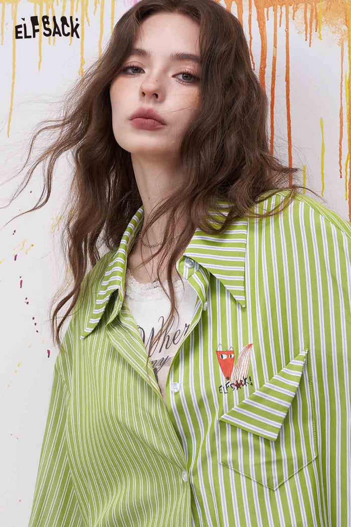 ELFSACK Green Striped Shirt with Fox Cartoon Embroidery