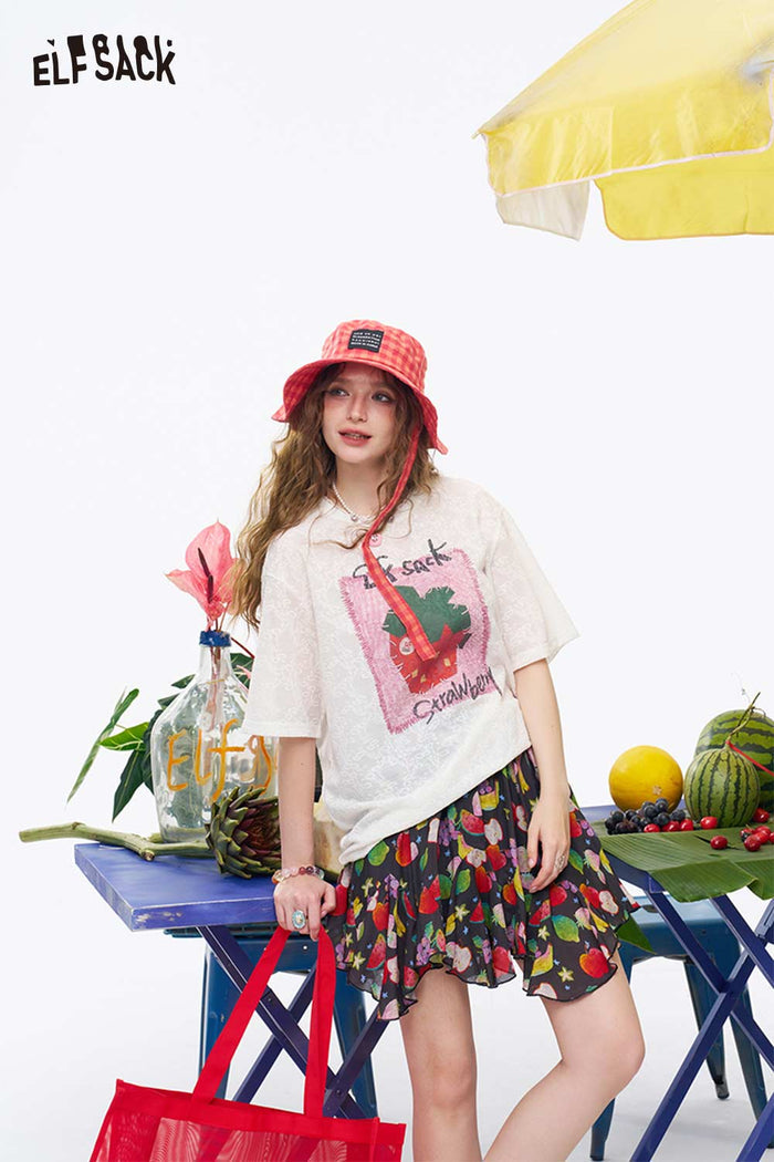 ELFSACK Hand Drawn Fruit Print Loose Tee