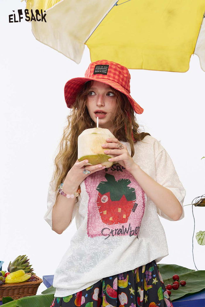 ELFSACK Hand Drawn Fruit Print Loose Tee