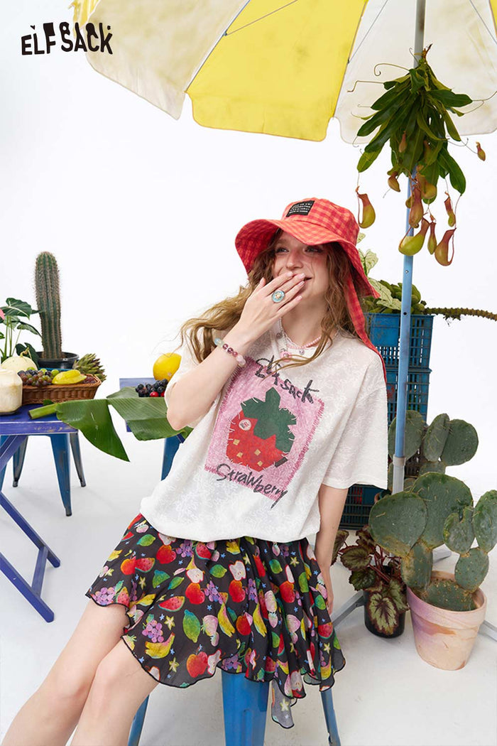 ELFSACK Hand Drawn Fruit Print Loose Tee