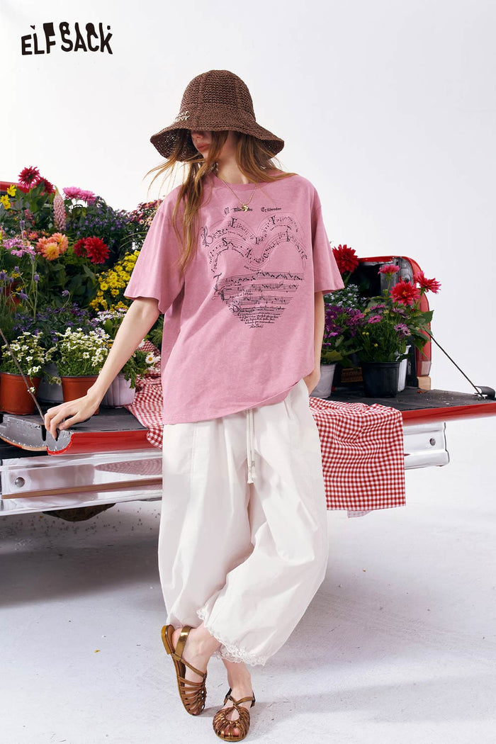 ELFSACK Heart Music Note Print Oversized T-Shirt