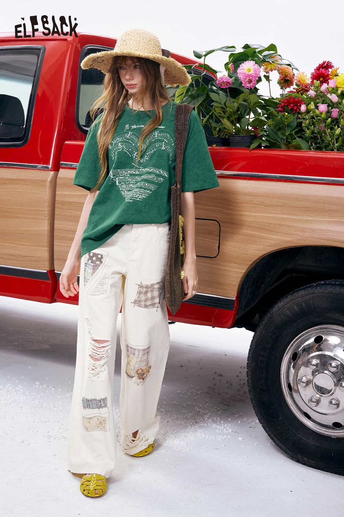 ELFSACK Heart Music Note Print Oversized T-Shirt
