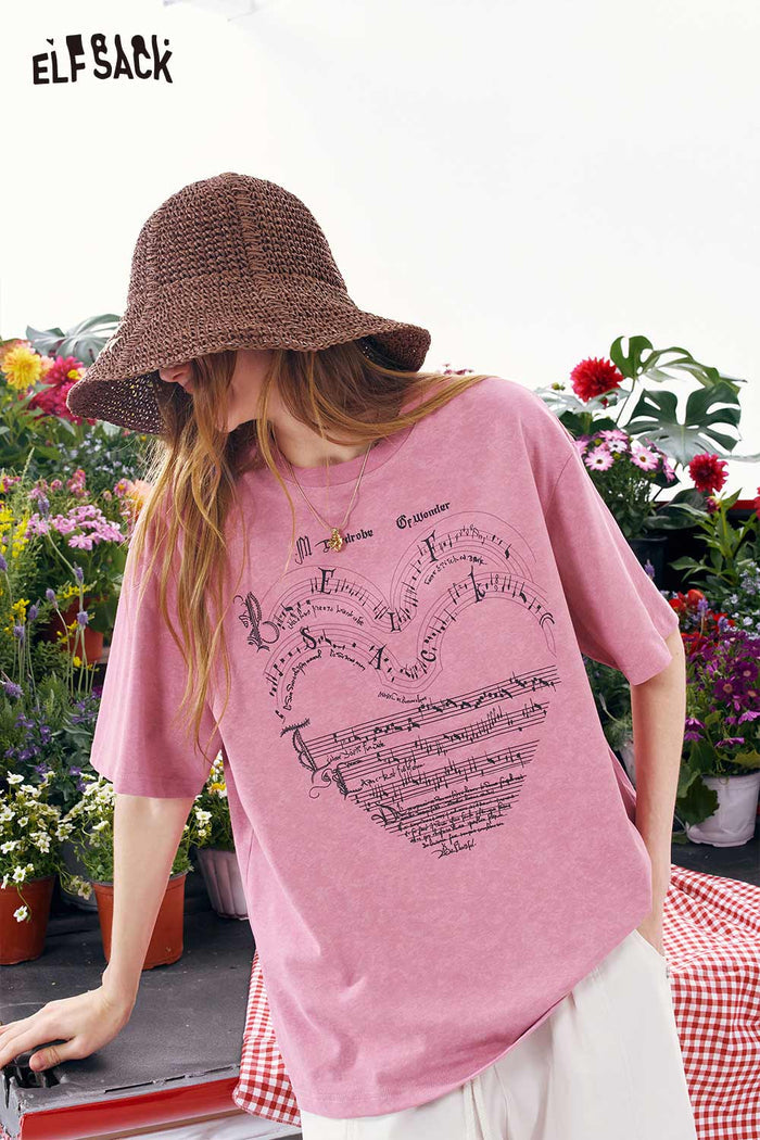ELFSACK Heart Music Note Print Oversized T-Shirt