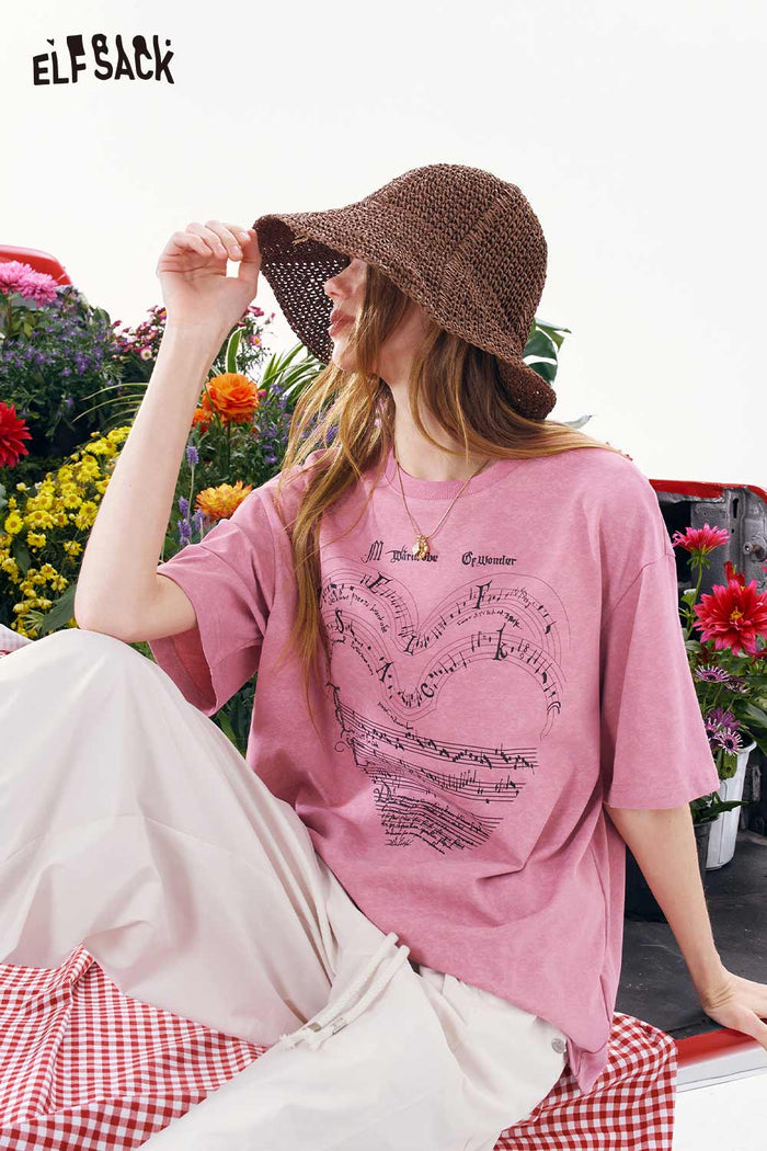 ELFSACK Heart Music Note Print Oversized T-Shirt