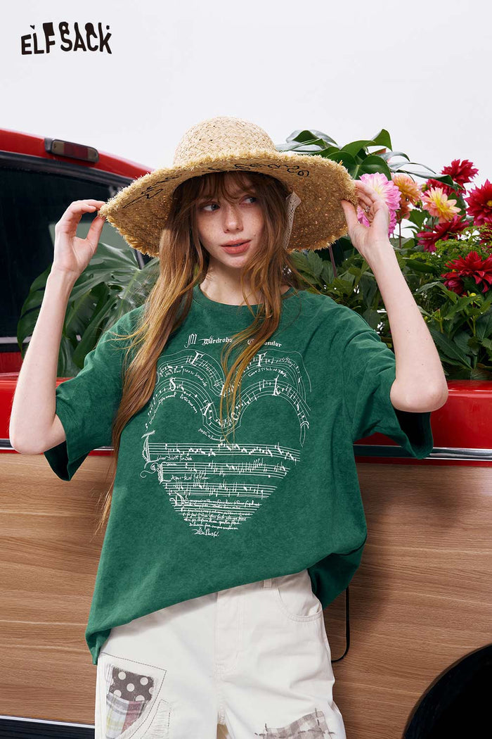 ELFSACK Heart Music Note Print Oversized T-Shirt