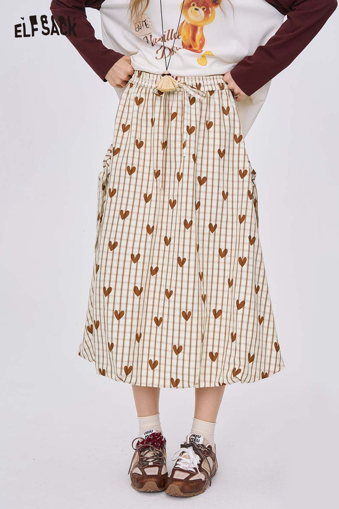 ELFSACK Heart Plaid High-Waisted Long Skirt with 3D Bow