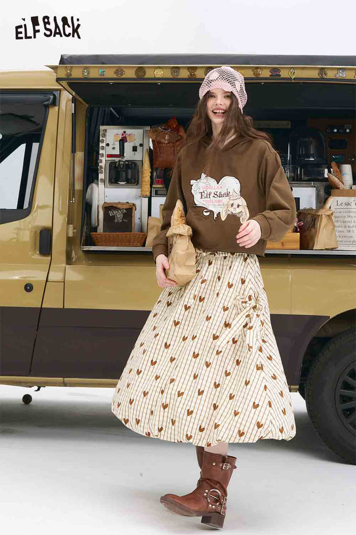 ELFSACK Heart Plaid High-Waisted Long Skirt with 3D Bow