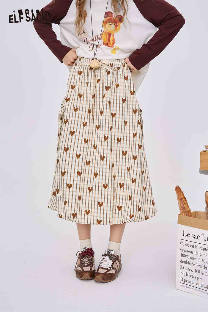 ELFSACK Heart Plaid High-Waisted Long Skirt with 3D Bow