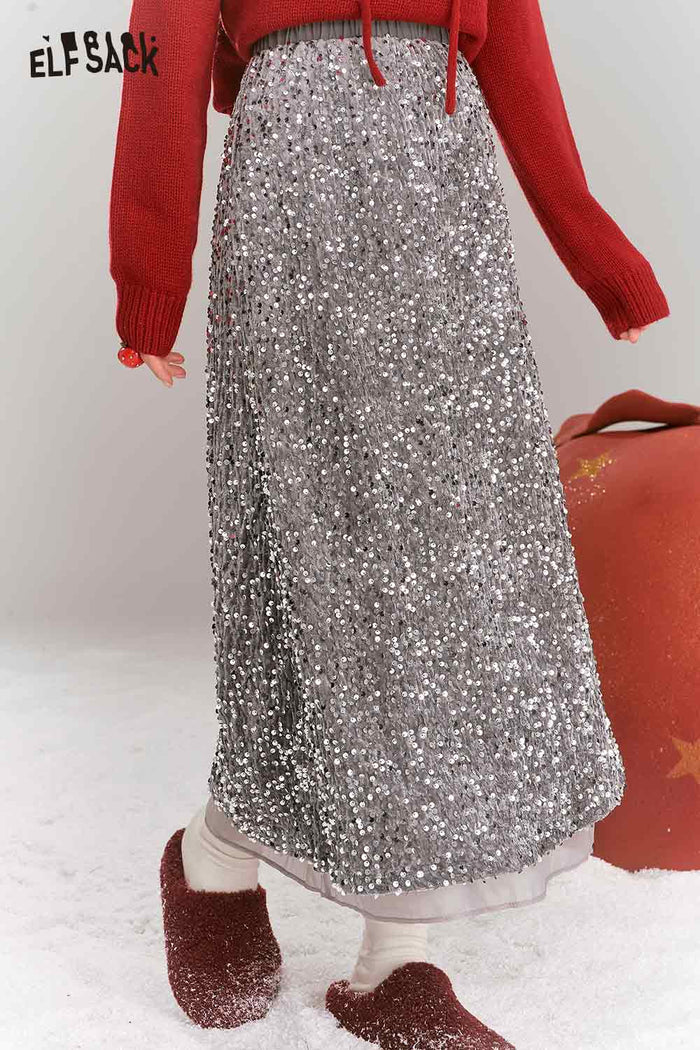 ELFSACK Heavy Sequins High Waist Straight Leg Long Skirt