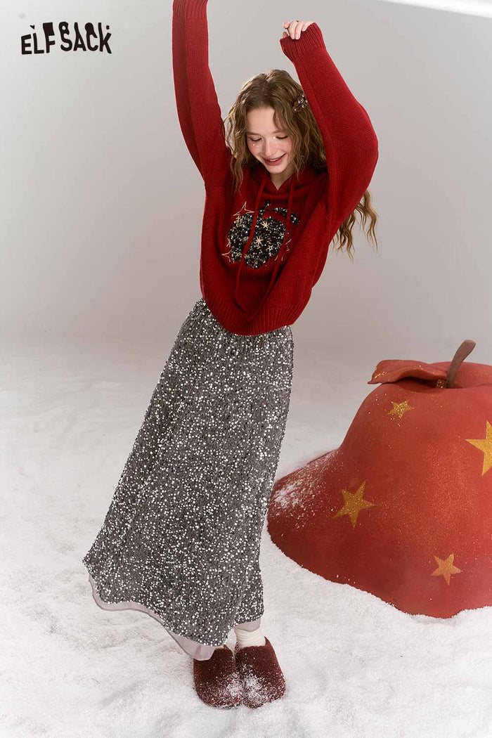 ELFSACK Heavy Sequins High Waist Straight Leg Long Skirt
