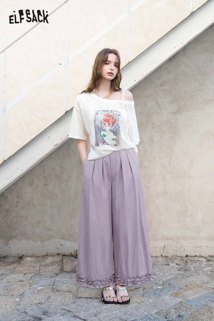 ELFSACK High Waist Purple Ruffle Hem Pants