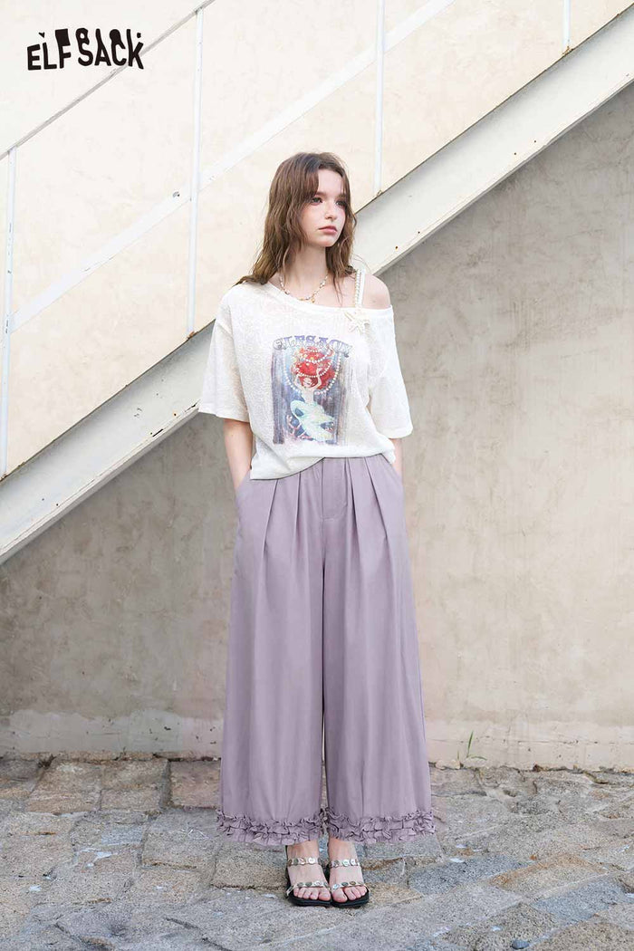ELFSACK High Waist Purple Ruffle Hem Pants