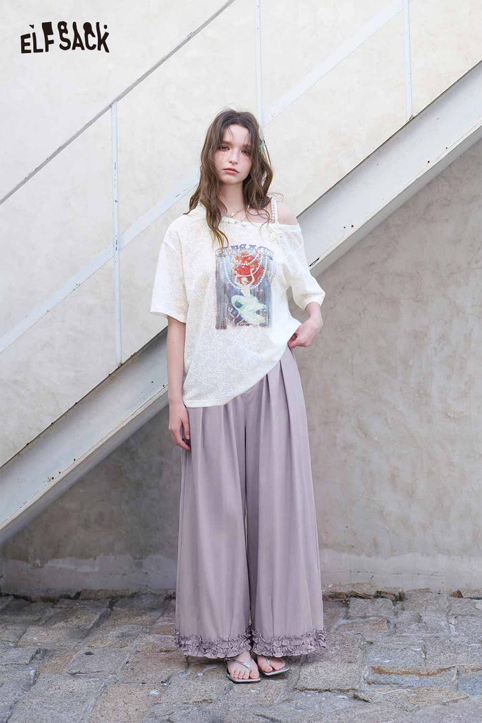 ELFSACK High Waist Purple Ruffle Hem Pants