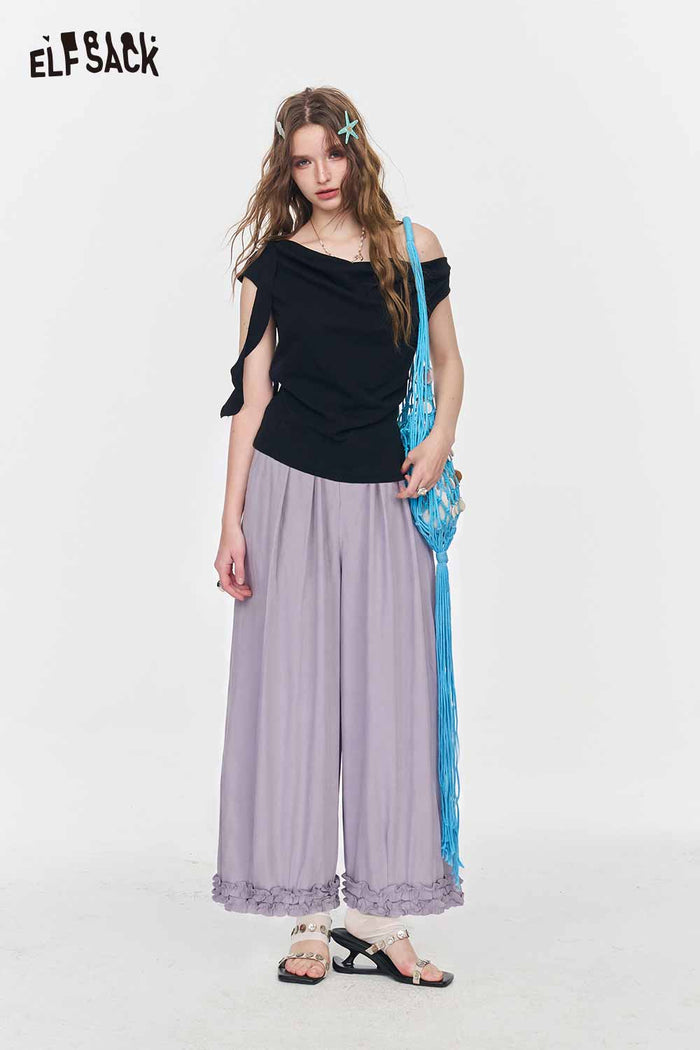ELFSACK High Waist Purple Ruffle Hem Pants