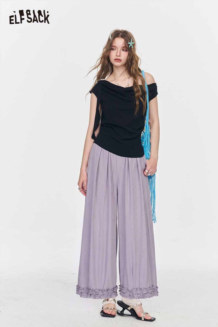 ELFSACK High Waist Purple Ruffle Hem Pants