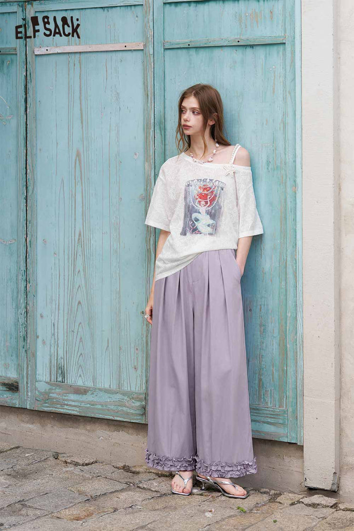 ELFSACK High Waist Purple Ruffle Hem Pants