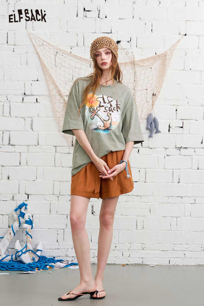 ELFSACK High-Waisted Belted Wide-Leg Utility Shorts