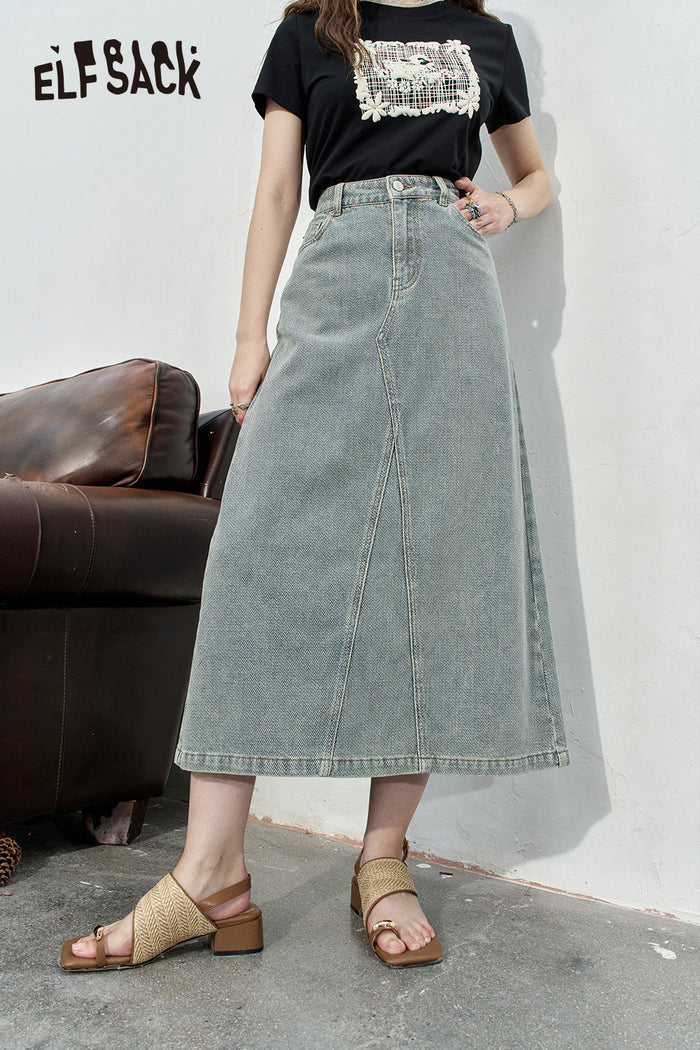 ELFSACK High waisted denim midi skirt's casual mid length skirt