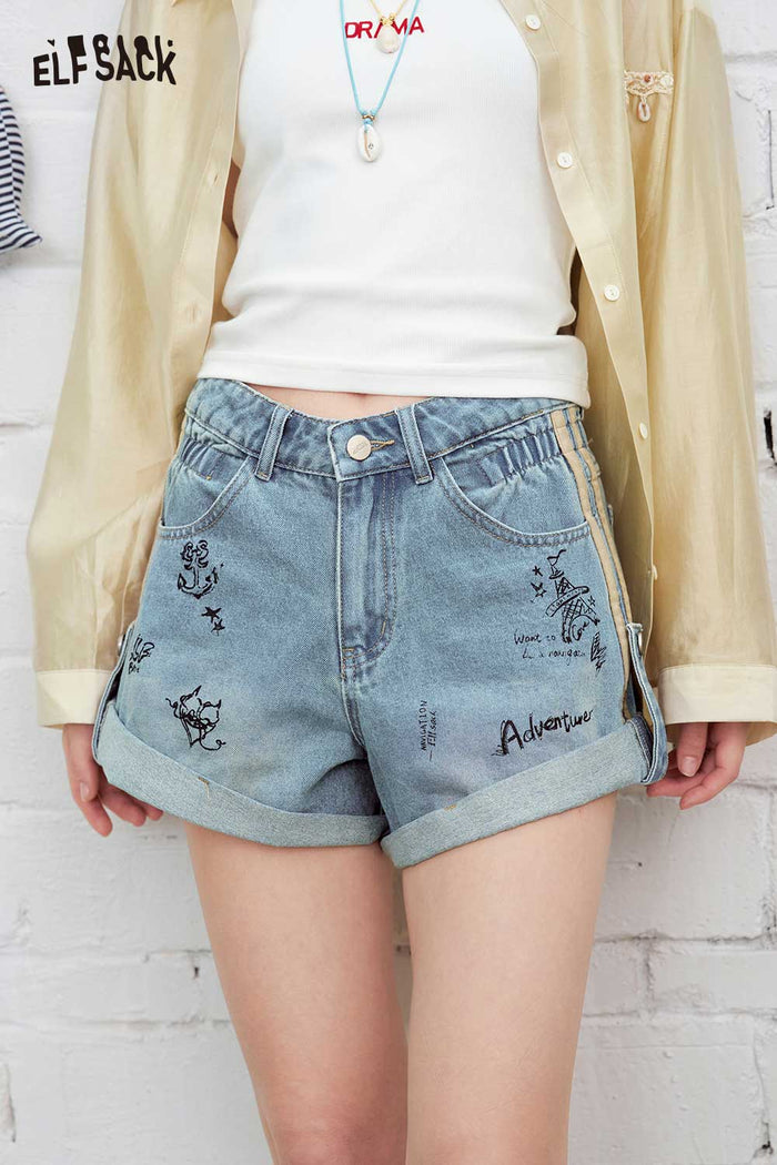 ELFSACK High-Waisted Graffiti Denim Shorts