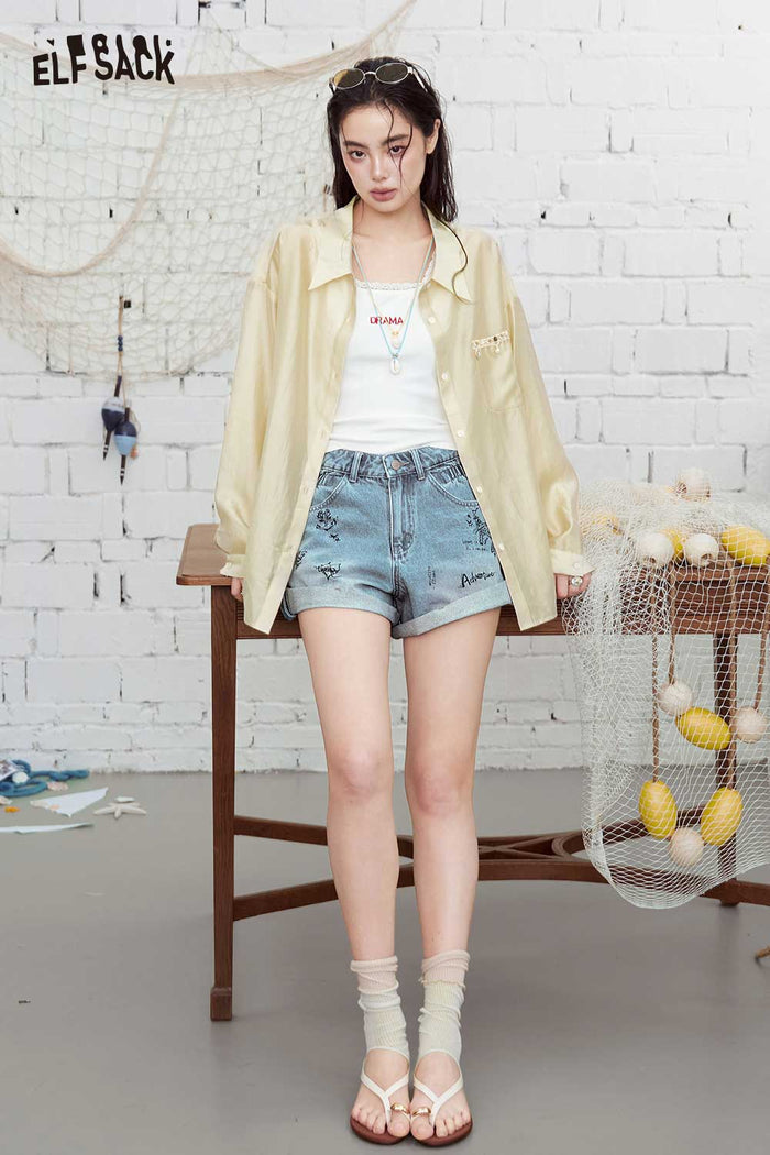 ELFSACK High-Waisted Graffiti Denim Shorts