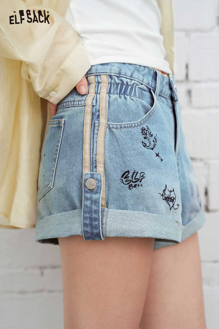 ELFSACK High-Waisted Graffiti Denim Shorts