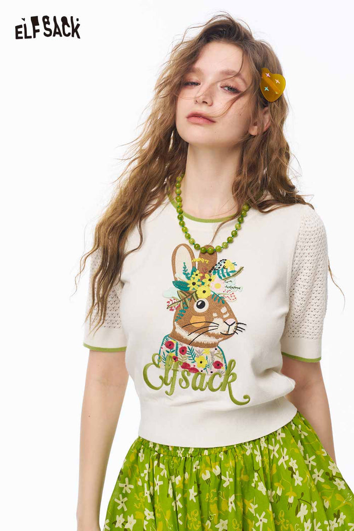 ELFSACK Hollow Out Rabbit Embroidery Crop Top