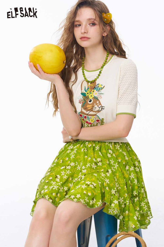 ELFSACK Hollow Out Rabbit Embroidery Crop Top