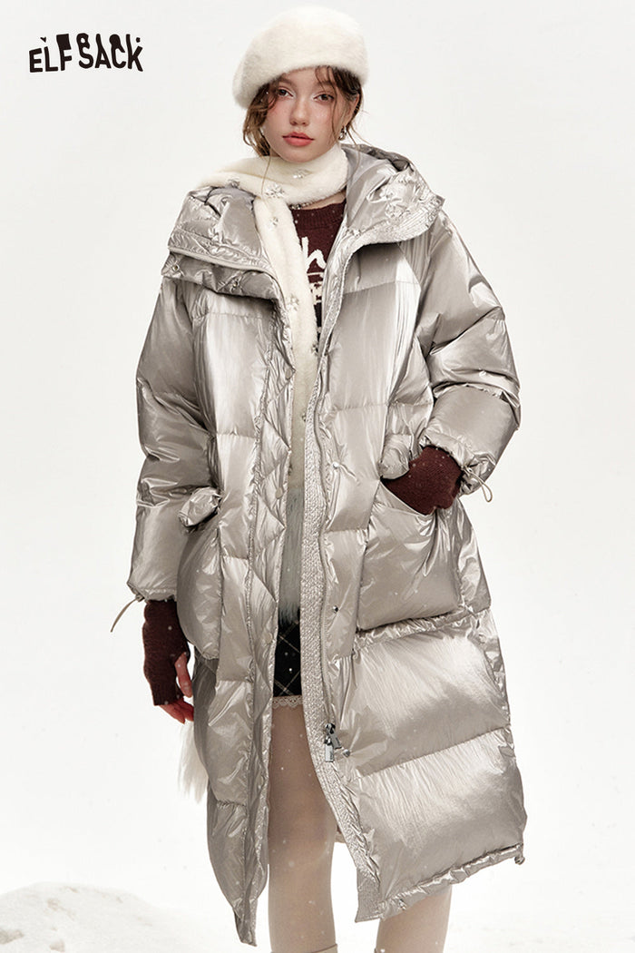 ELFSACK Hooded drawstring pockets long down coat