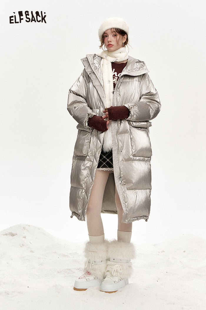 ELFSACK Hooded drawstring pockets long down coat