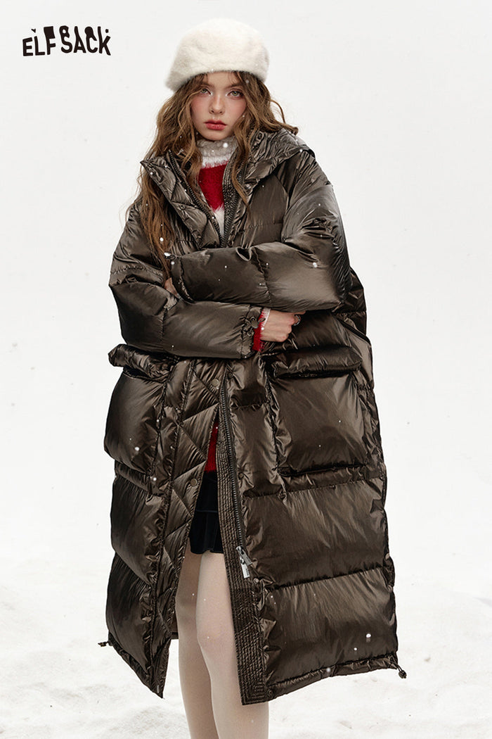 ELFSACK Hooded drawstring pockets long down coat