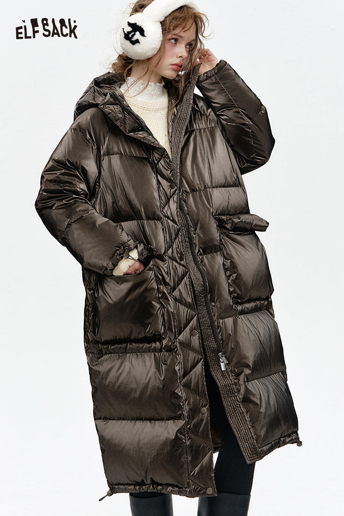 ELFSACK Hooded drawstring pockets long down coat
