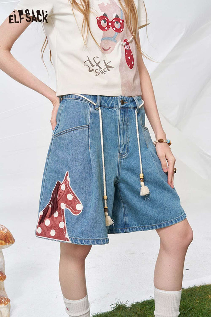 ELFSACK Horse Patch Denim Shorts