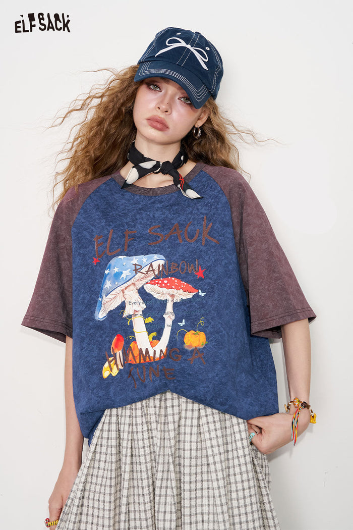ELFSACK Insert Shoulder Collision Colour Printing Short Sleeve T-Shirt