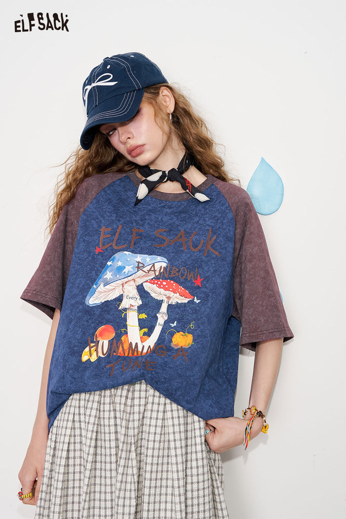 ELFSACK Insert Shoulder Collision Colour Printing Short Sleeve T-Shirt